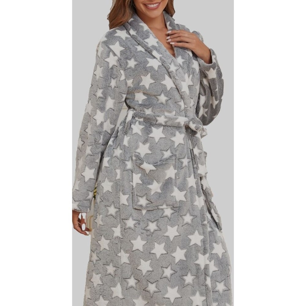 Womens XL/2XL Gray Print Soft Flannel Long Wrap Robe Warm Elegant Bathrobe Cozy